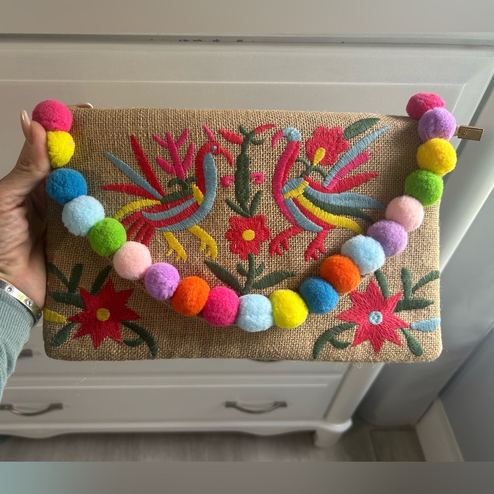 Colorful Embroidered Clutch with Pom Poms
